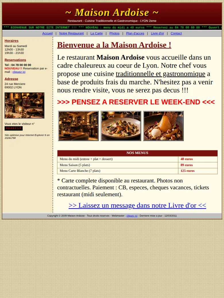 Avant : un site de restaurant daté et peu lisible